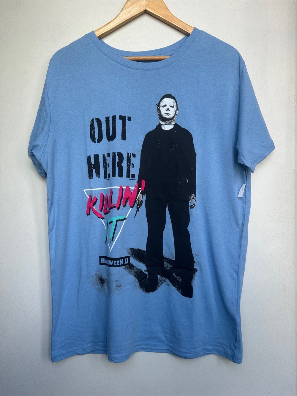 Men's Light Blue Graphic Short Sleeve Tee - Horror Print  Halloween